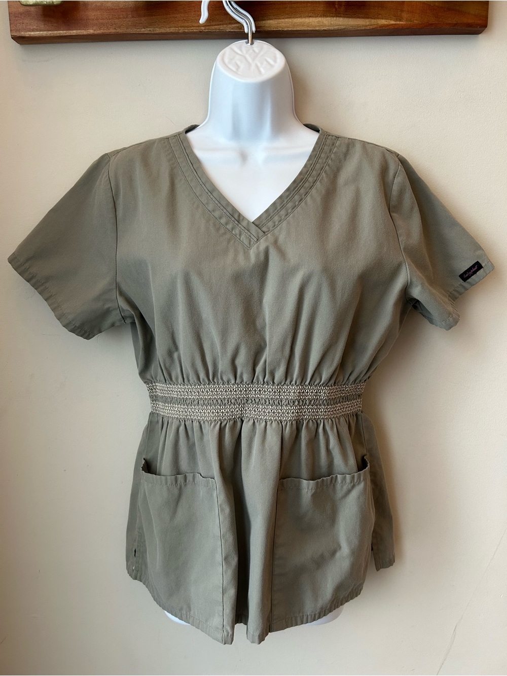 Y2K Baby Phat Scrub Top Khaki Smocked Waist Nurse Uniform Size M